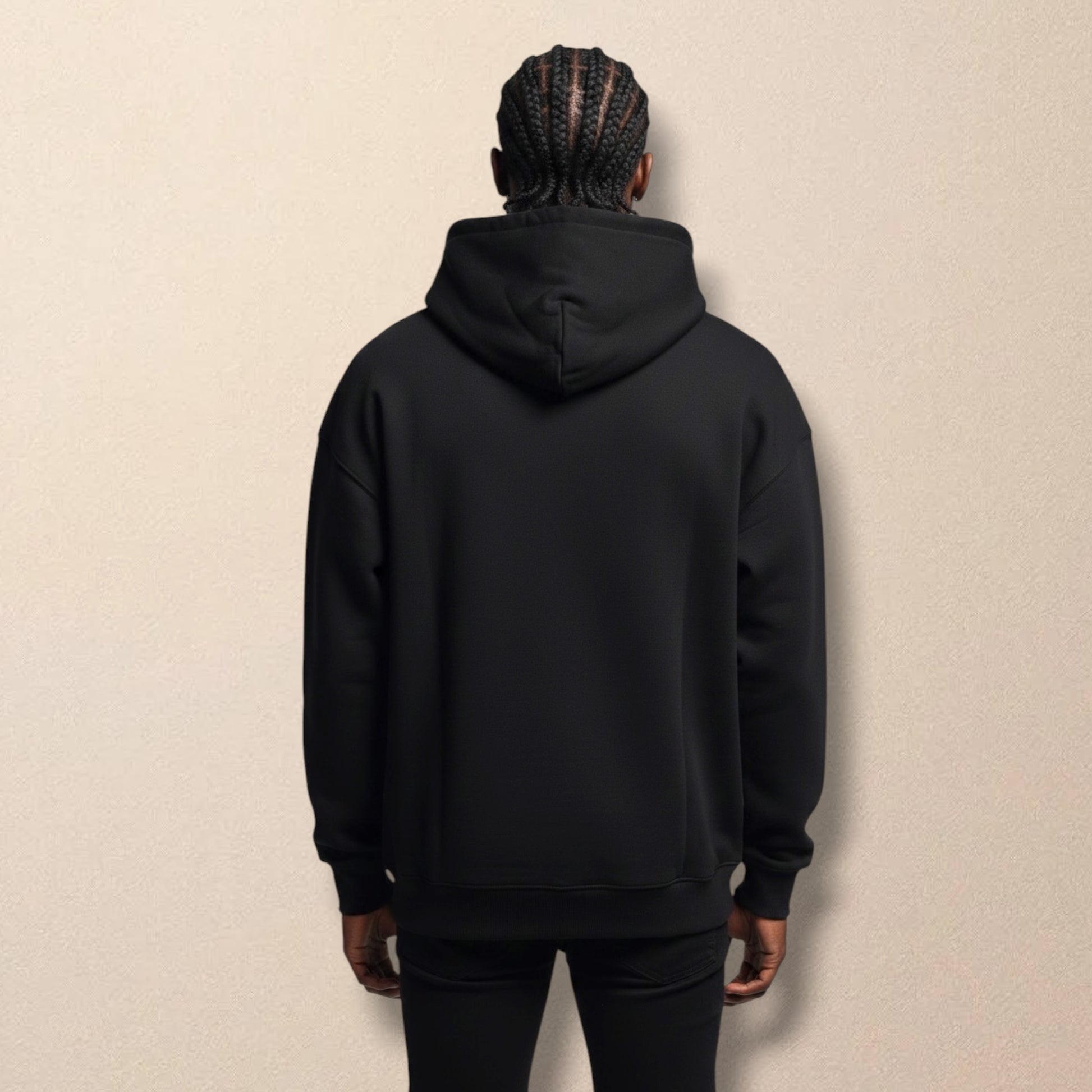 R10 black hoodie back view