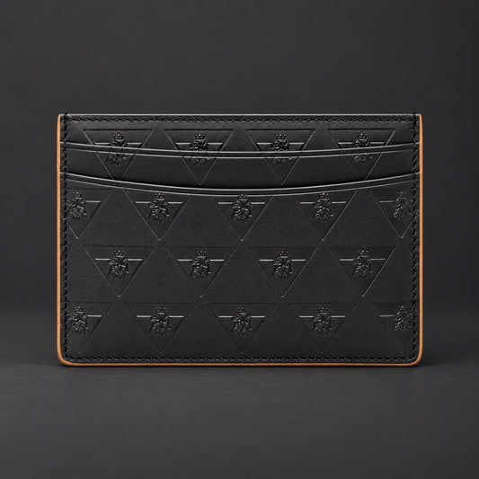 Front view of the black R10 Leão Branco cardholder, showing embossed motifs, card slots, and stitched edges.
