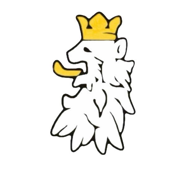 R10 crowned white lion emblem logo with gold crown and tongue accent 