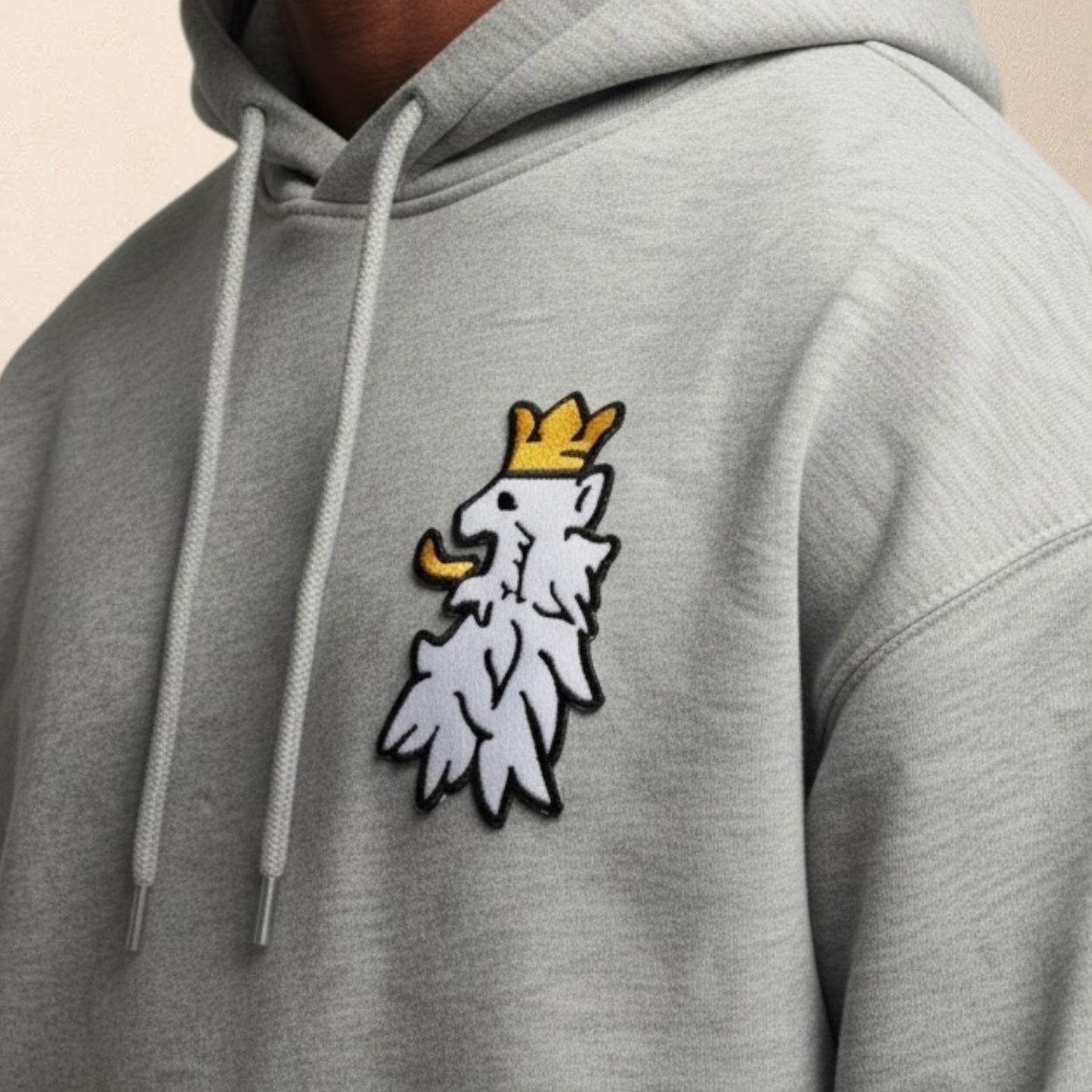 R0 graphite heather hoodie Leao Branco embroidery detail