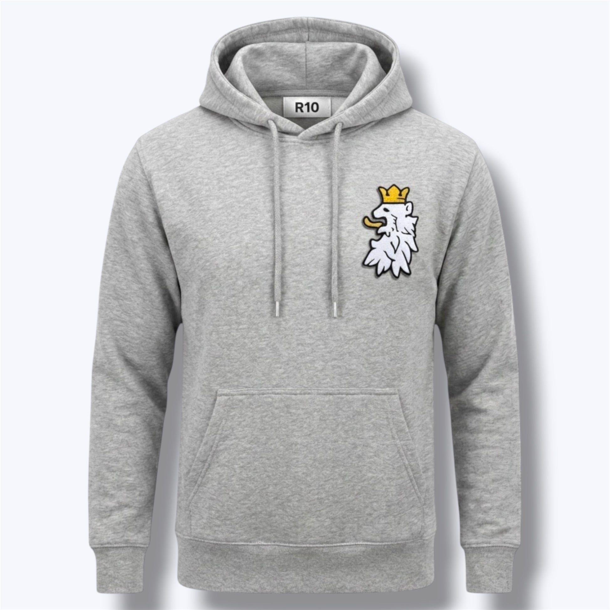 R10 graphite heather Leão Branco hoodie isolated on off white background