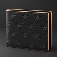 Three-quarter view of the closed R10 wallet, showing its fold, stitching, and finished edges.