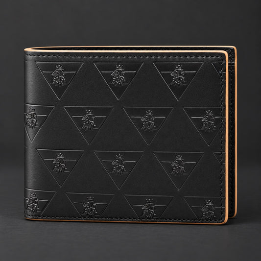 Closed black R10 Leão Branco wallet, showing its embossed motif, fold, and contrasting finished edges.