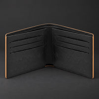 Open R10 wallet showing its black interior, card slots, and bill compartment.