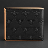 Reverse exterior view of the closed black R10 Leão Branco wallet.