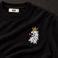 Black R10 Leão Branco Motif Tee — embroidery detail and inside R10 collar label.