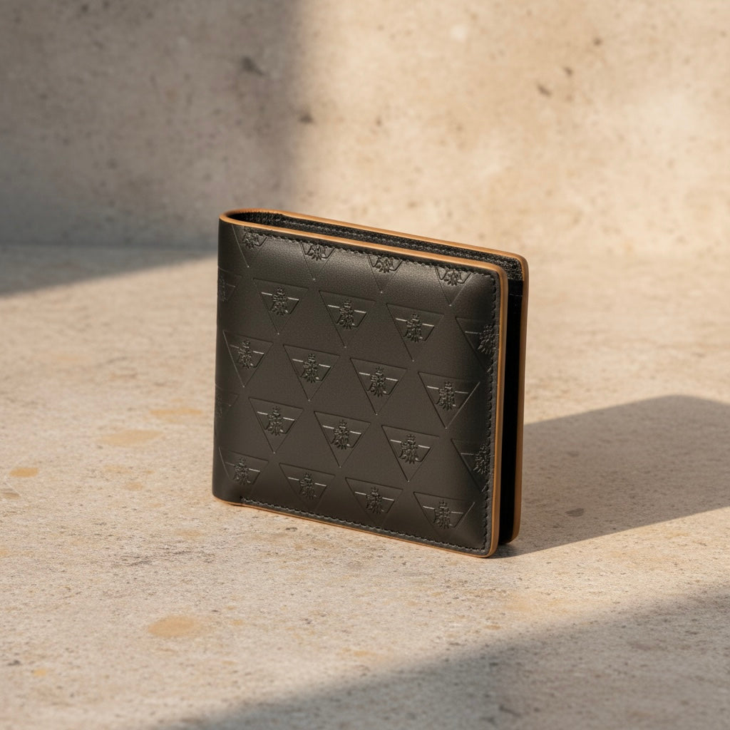 Black Nappa leather wallet from R10 Leather Division 01 placed on warm mineral studio surface with soft directional light.