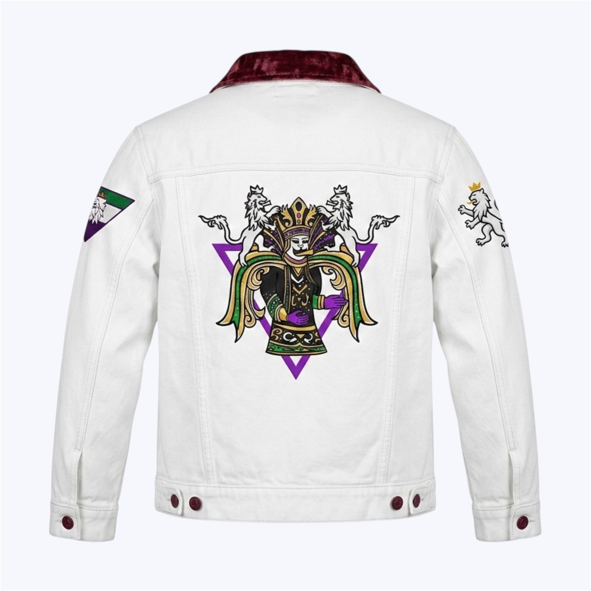 R10 MG24 Carnival King denim jacket back view with embroidered composition
