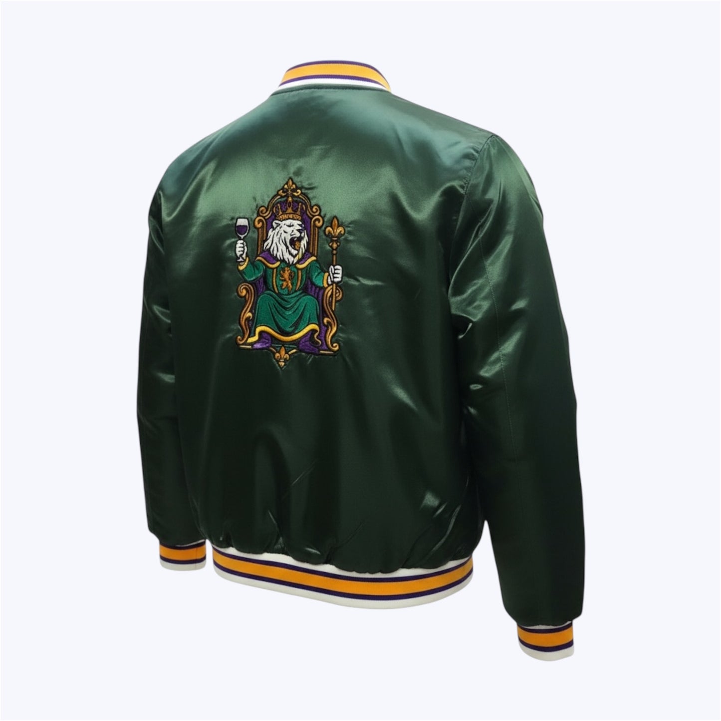 R10 MG26 Esmeralda Oscura satin bomber back view with insignia