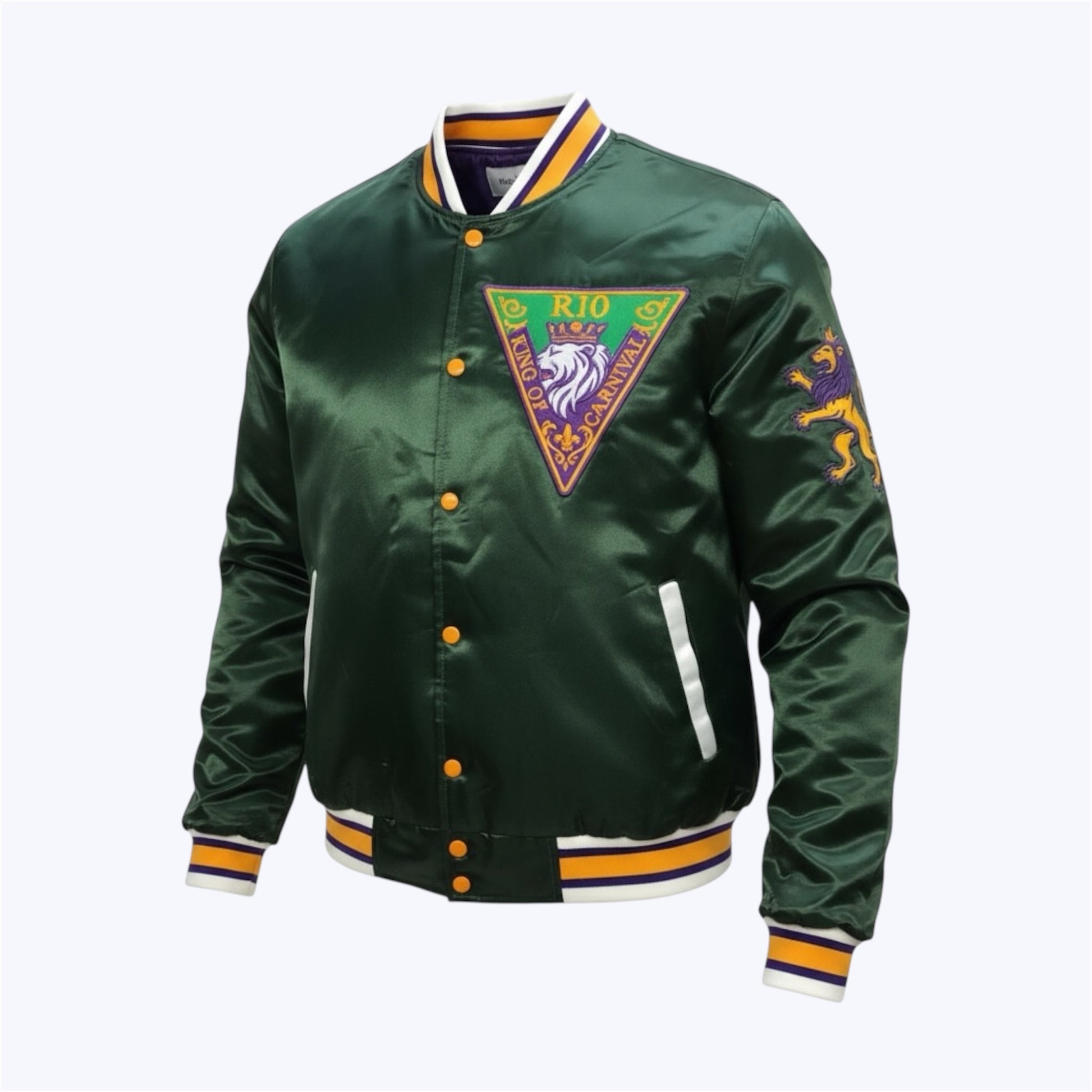 R10 MG26 Esmeralda Oscura emerald satin bomber jacket front view