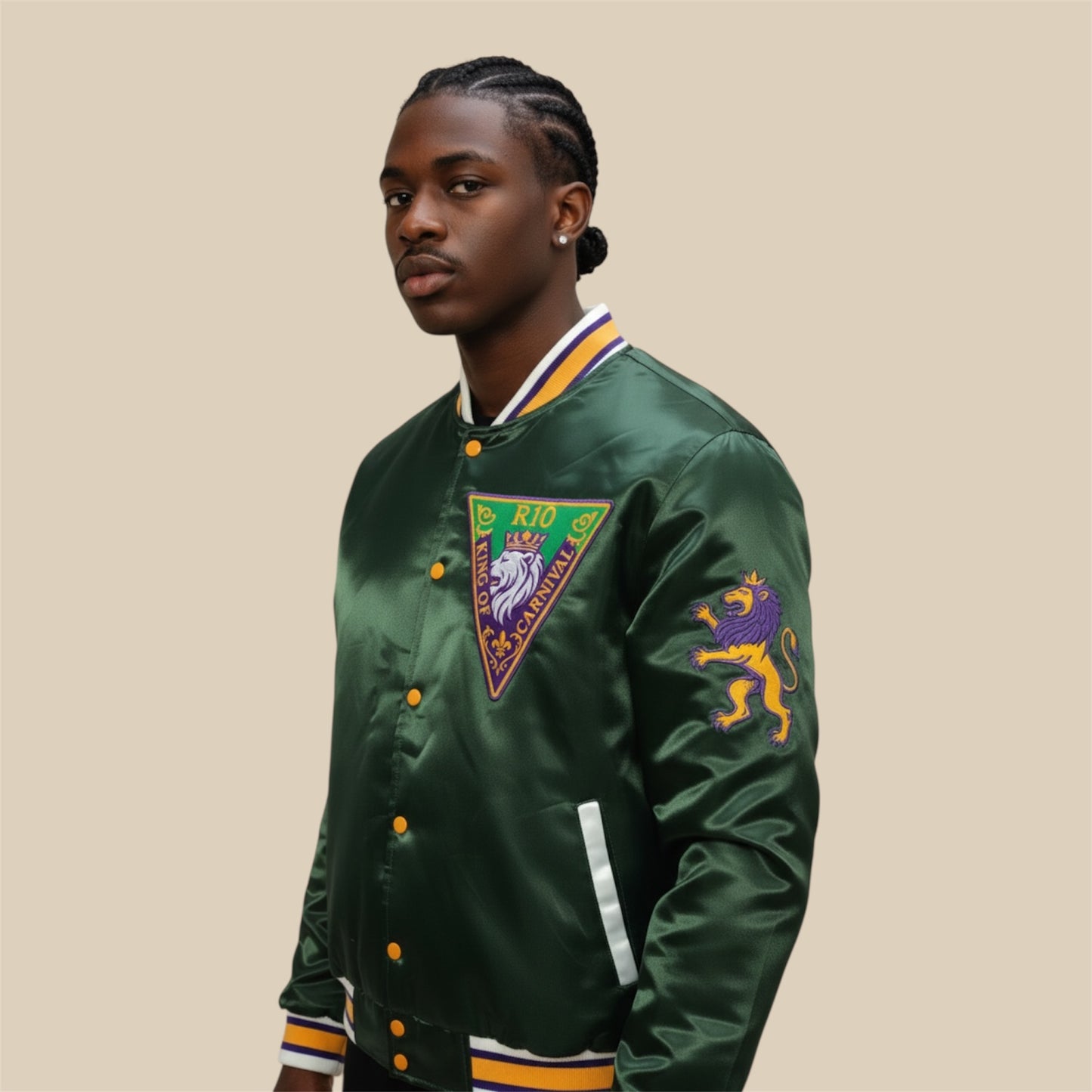 R10 MG26 Esmeralda Oscura satin bomber three quarter model view