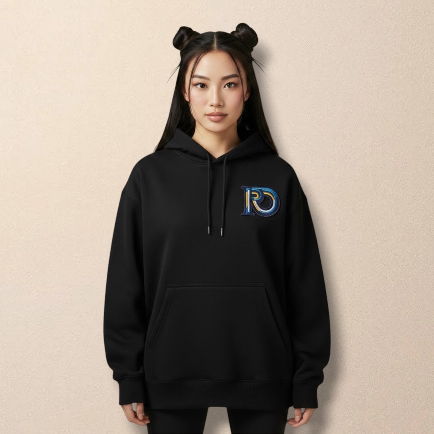 R10 black monogram hoodie front view