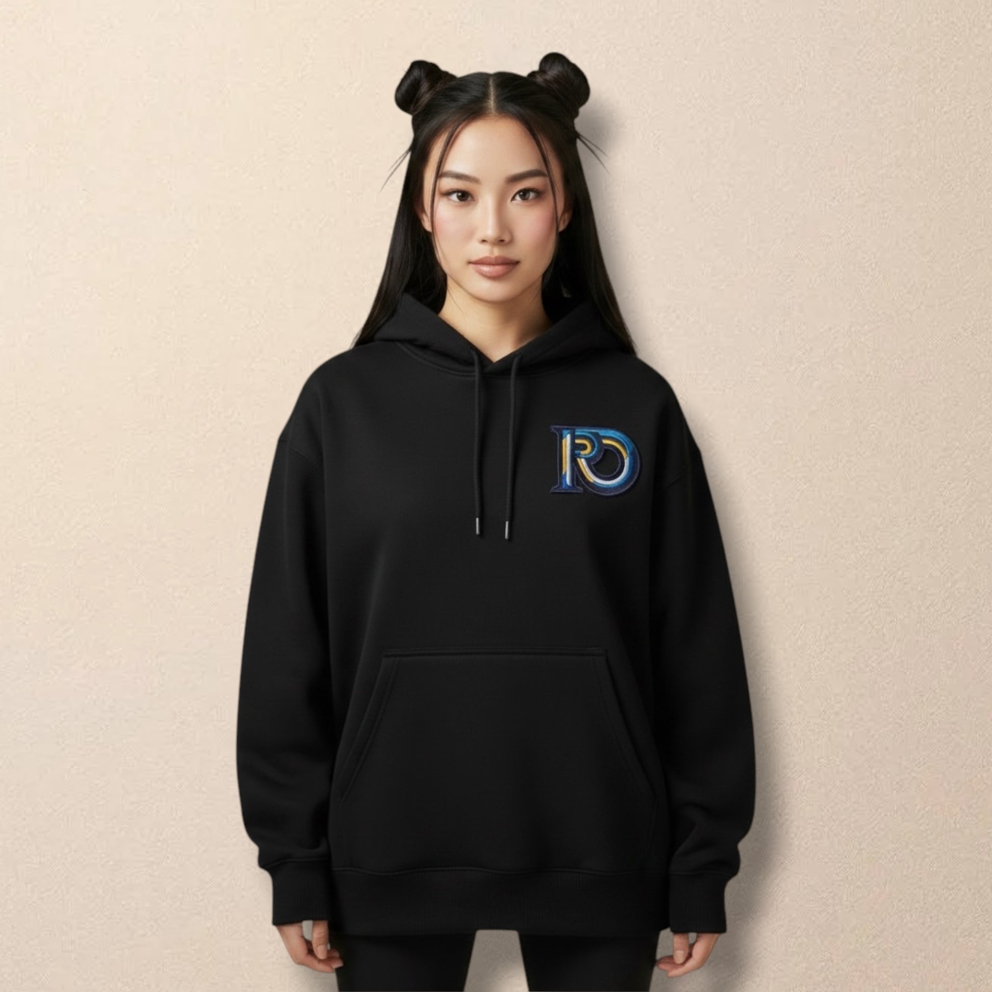 R10 black monogram hoodie front view