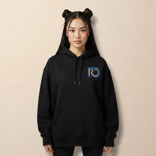 R10 black monogram hoodie front view