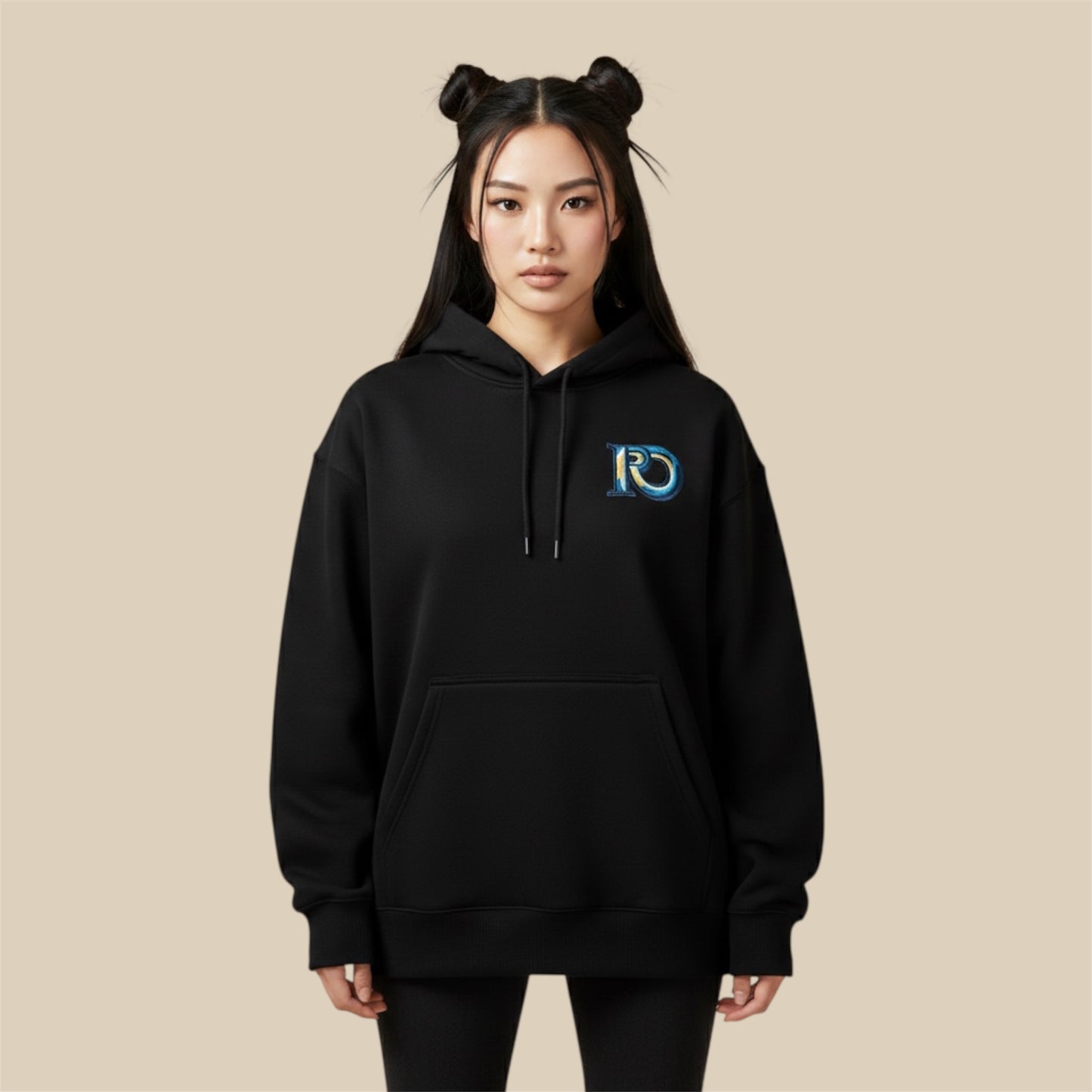 R10 black monogram hoodie front view