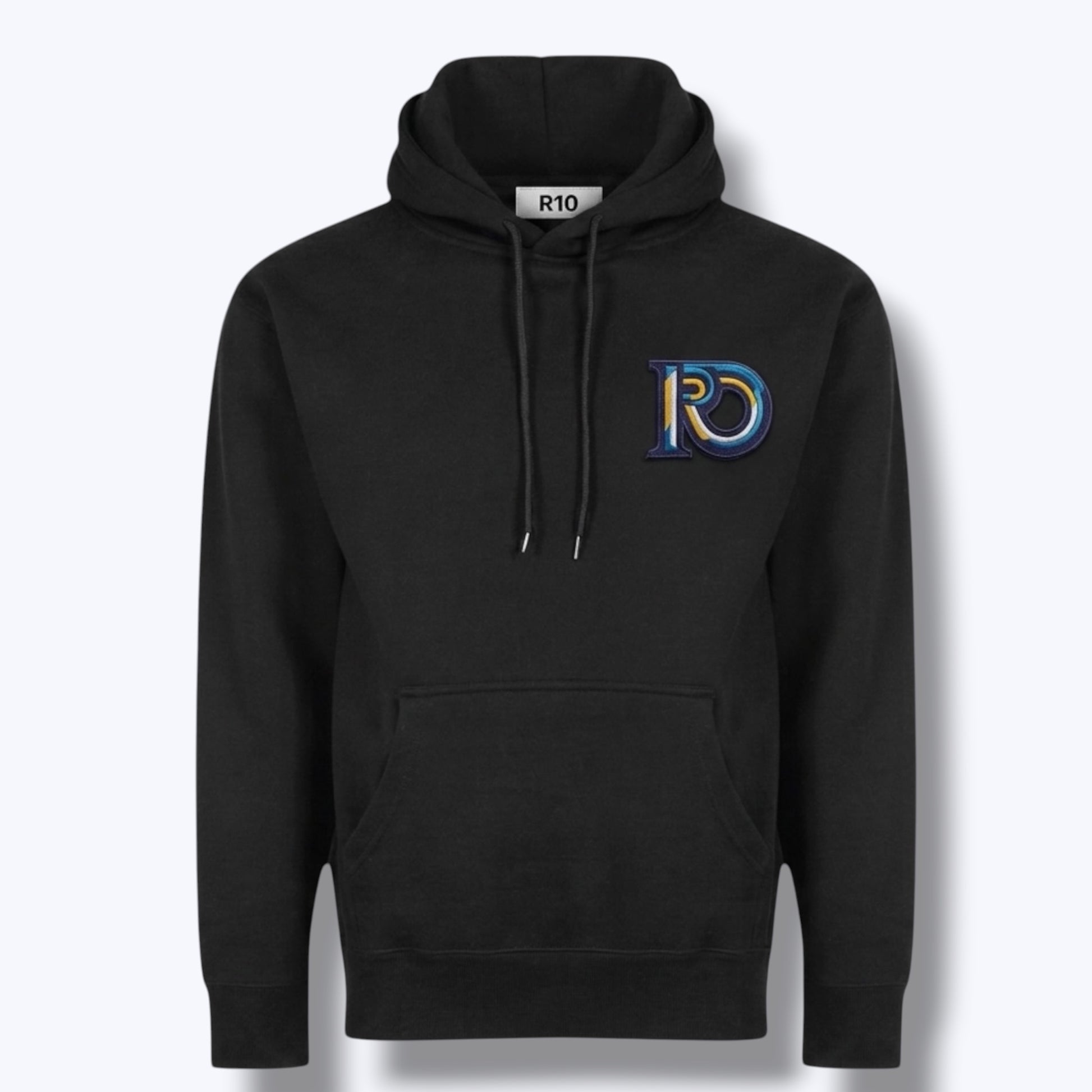 R10 black Monogram hoodie isolated on off white background