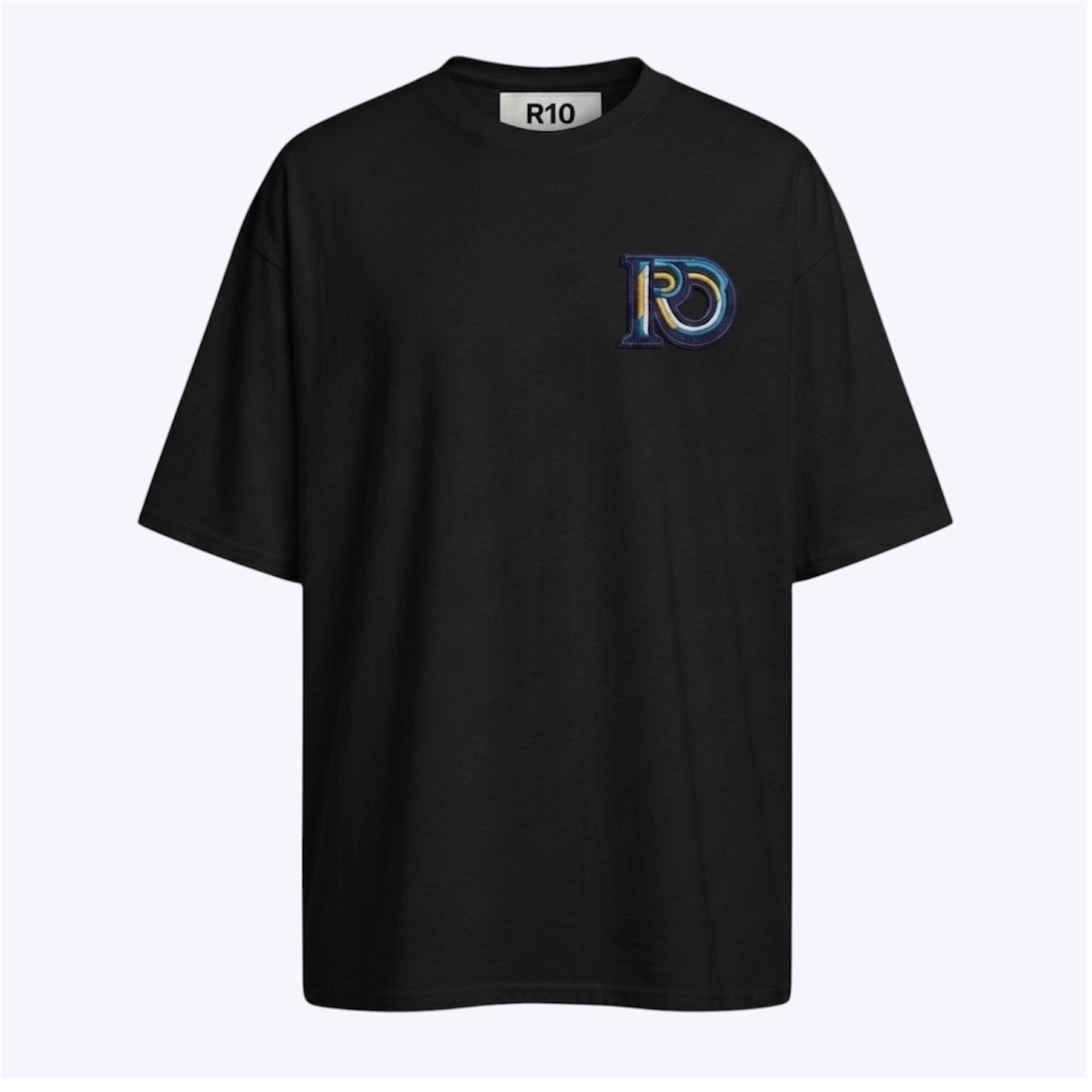 R10 black Monogram tee isolated on off white background