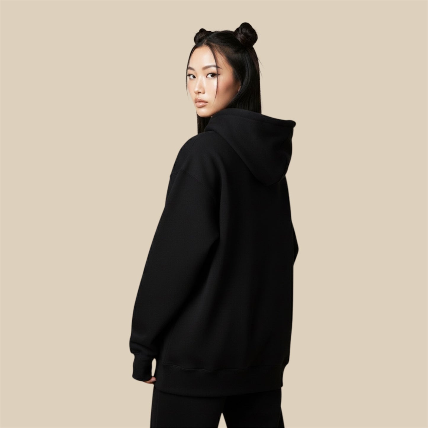 Heavyweight black cotton fleece texture of R10 monogram hoodie