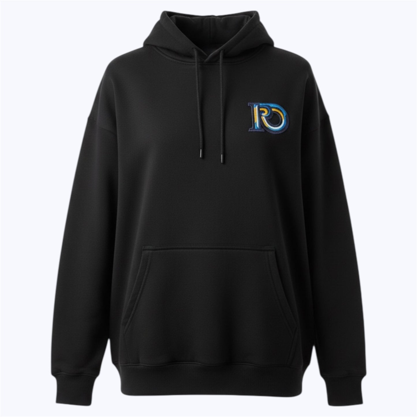 Minimal R10 identity symbol embroidered on black premium hoodie
