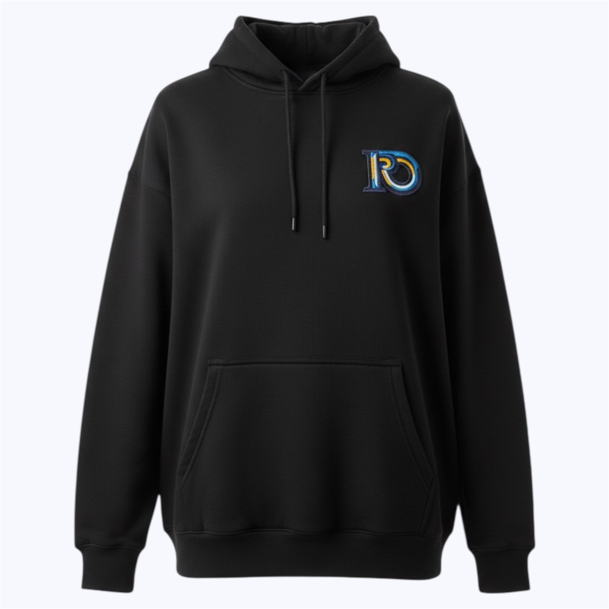 Minimal R10 identity symbol embroidered on black premium hoodie
