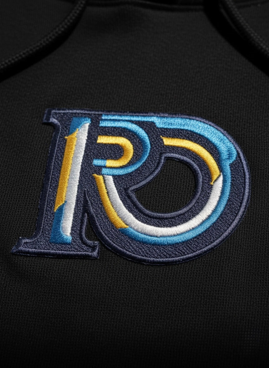 Embroidered R10 monogram detail on black premium hoodie