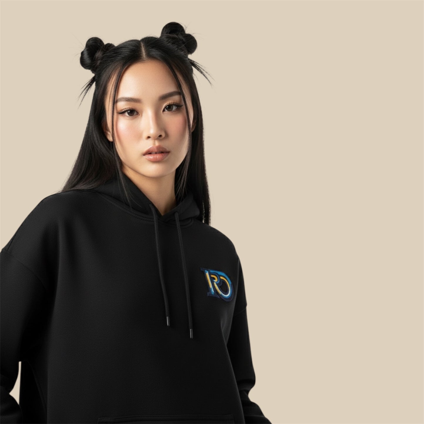 Structured silhouette of R10 monogram black premium hoodie