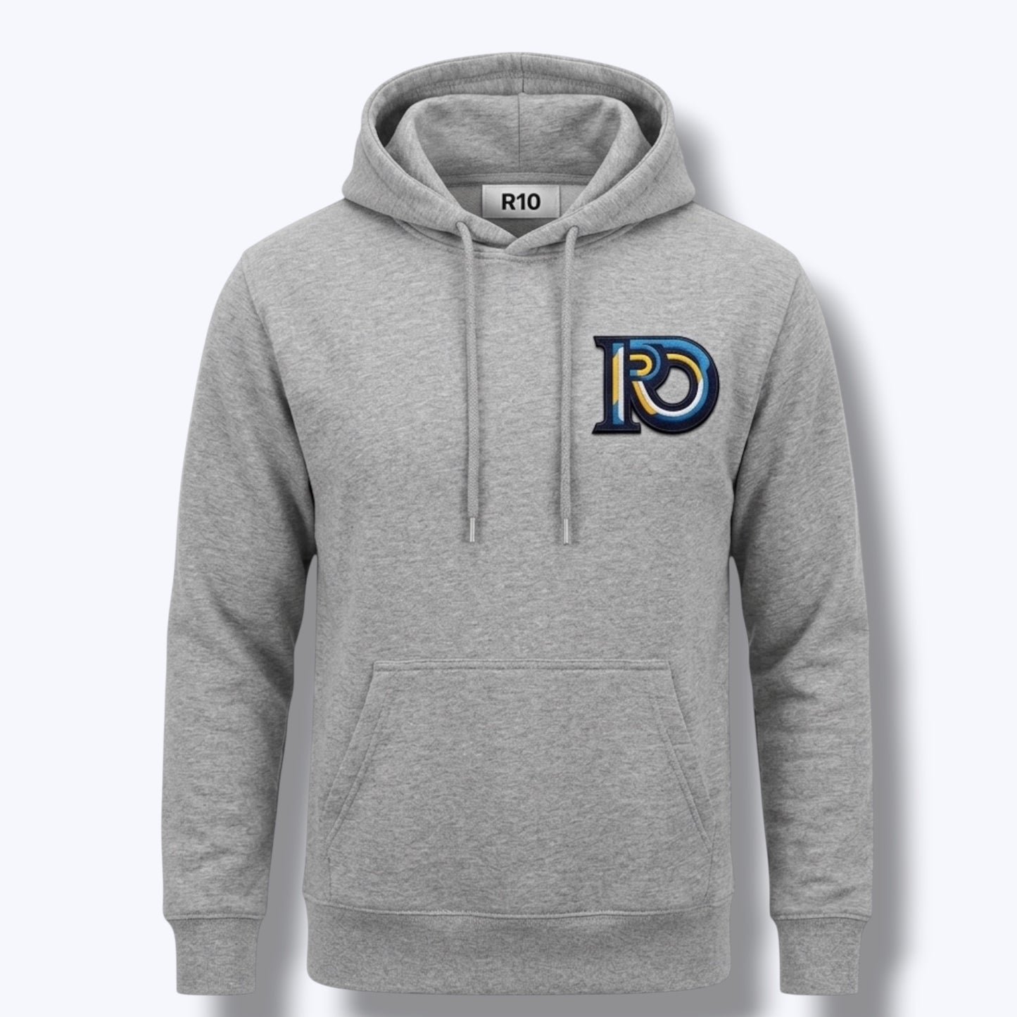 R10 graphite heather Monogram hoodie isolated on off white background