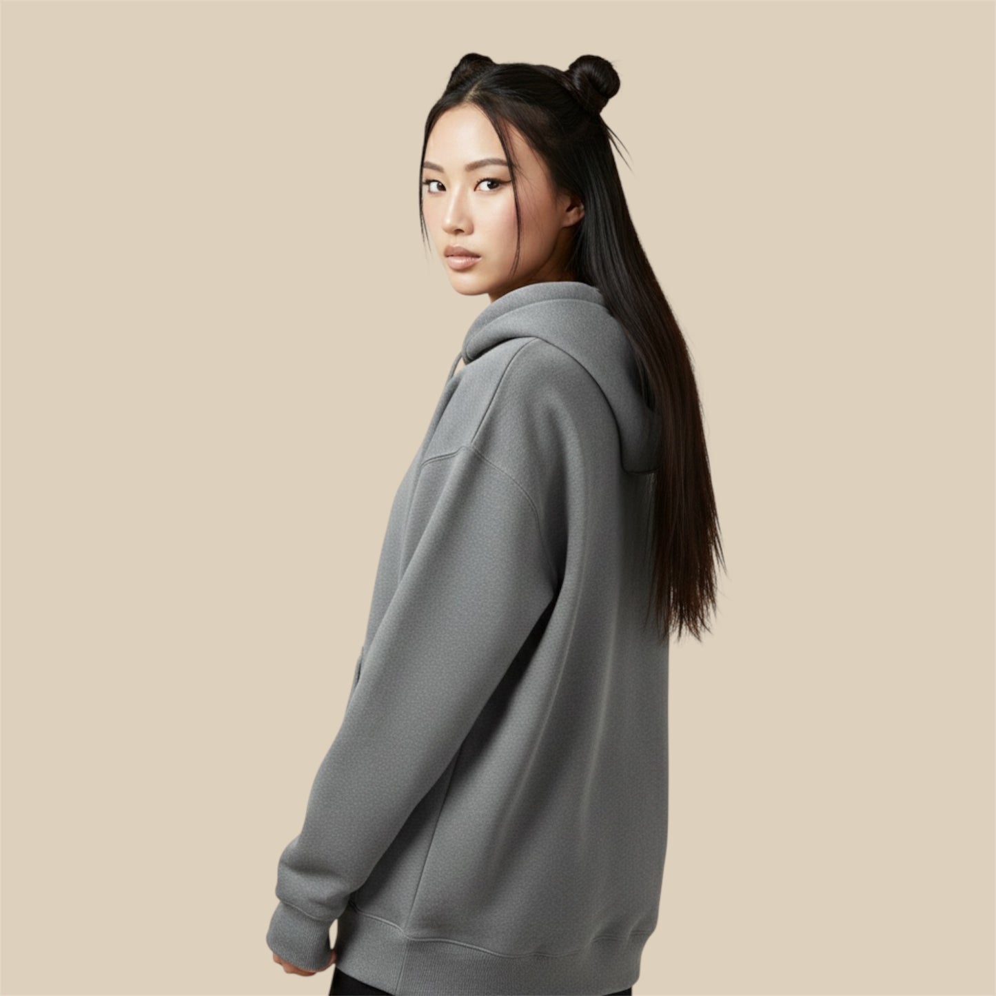 Heavyweight graphite heather cotton fleece texture of R10 monogram hoodie