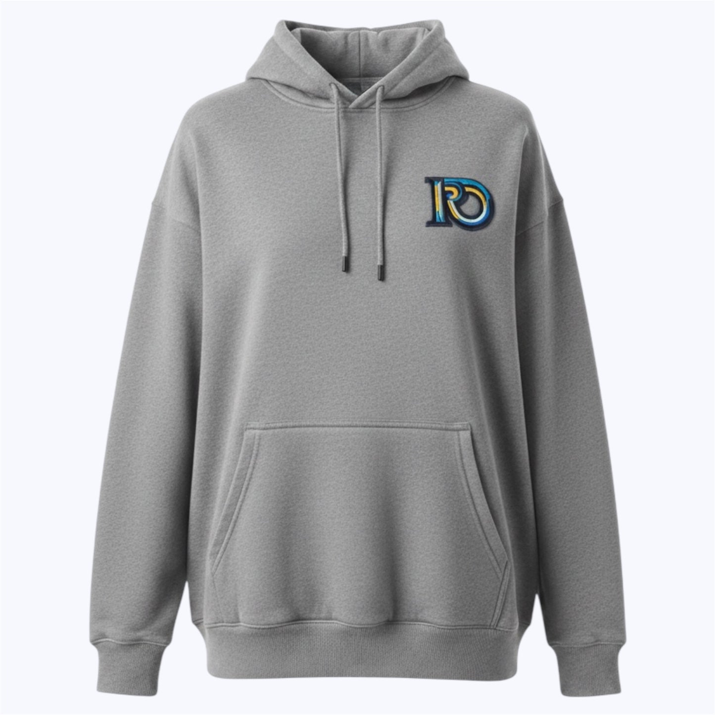 Minimal R10 identity symbol embroidered on graphite heather premium hoodie
