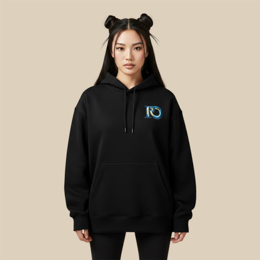 Model wearing black R10 monogram hoodie, front view, featuring embroidered R10 logo on chest.