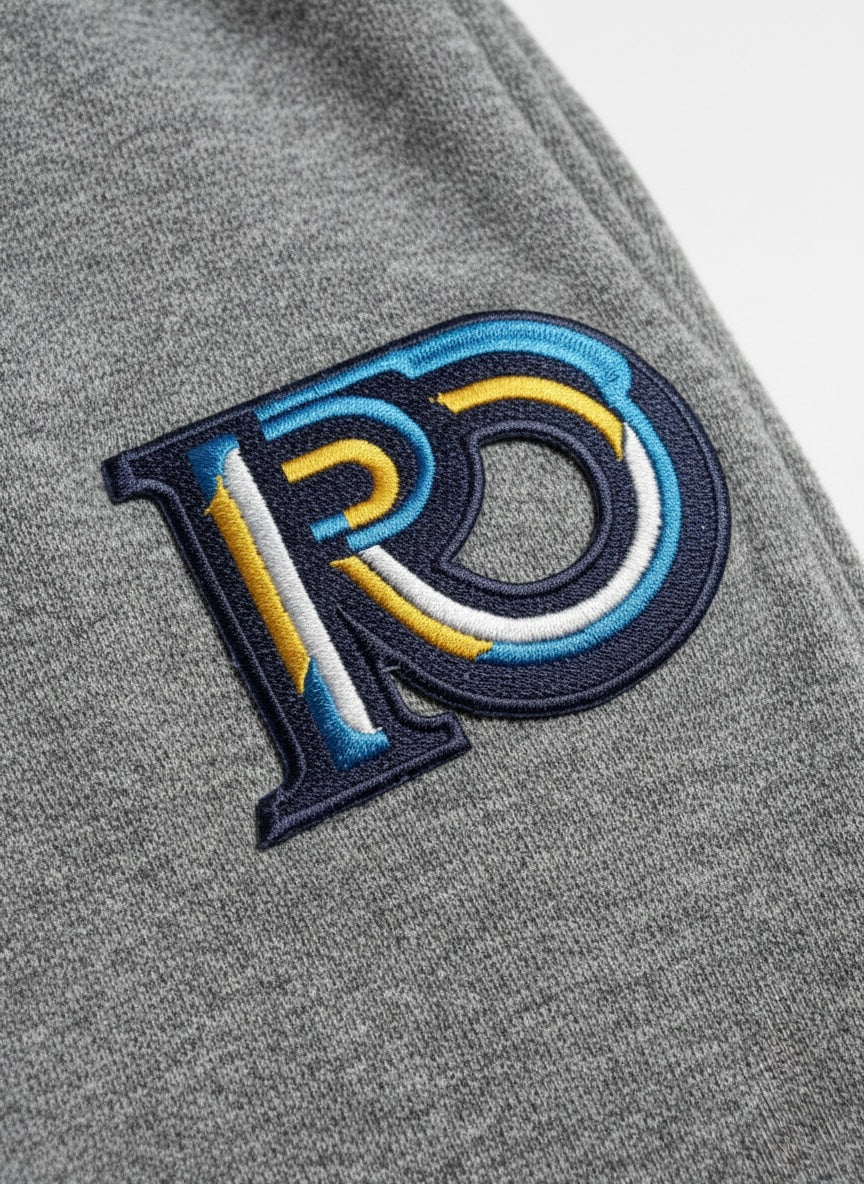 Embroidered R10 monogram detail on graphite heather premium joggers