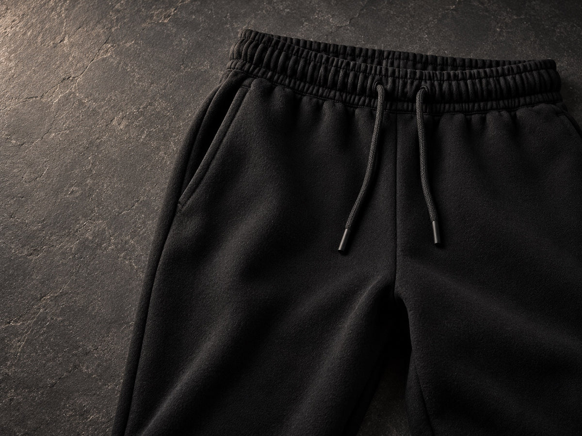 Black R10 sweatpants waistband and drawcord detail