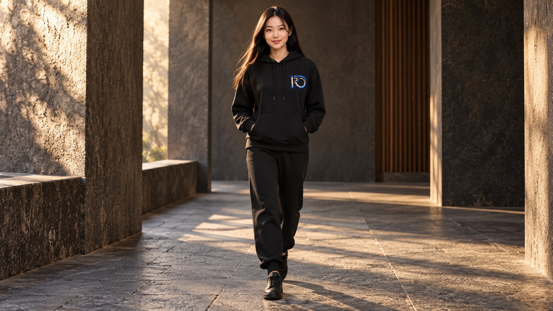 Model wearing an R10 hoodie and joggers in a sunlit stone passage.