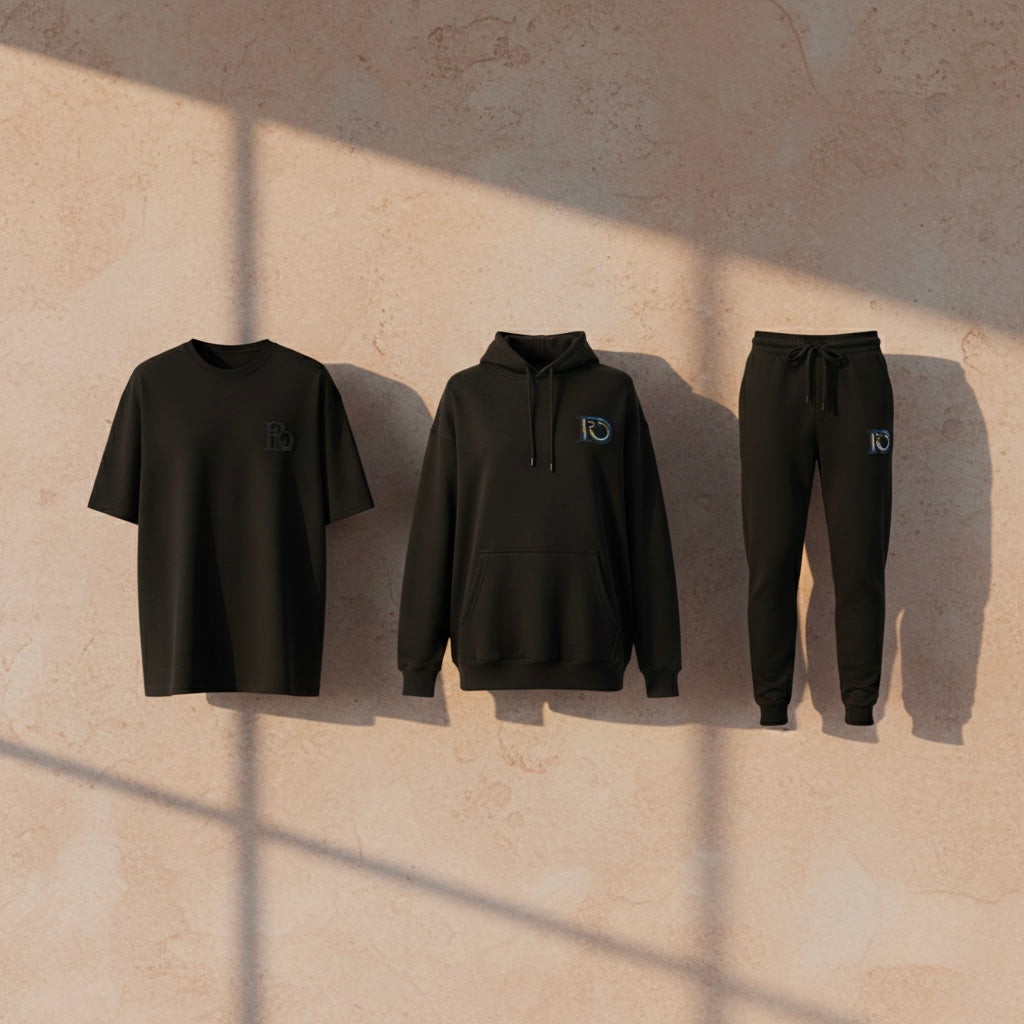 Black hoodie, structured embroidered tee, and tailored jogger pants from R10 Uniform collection arranged on mineral studio table.