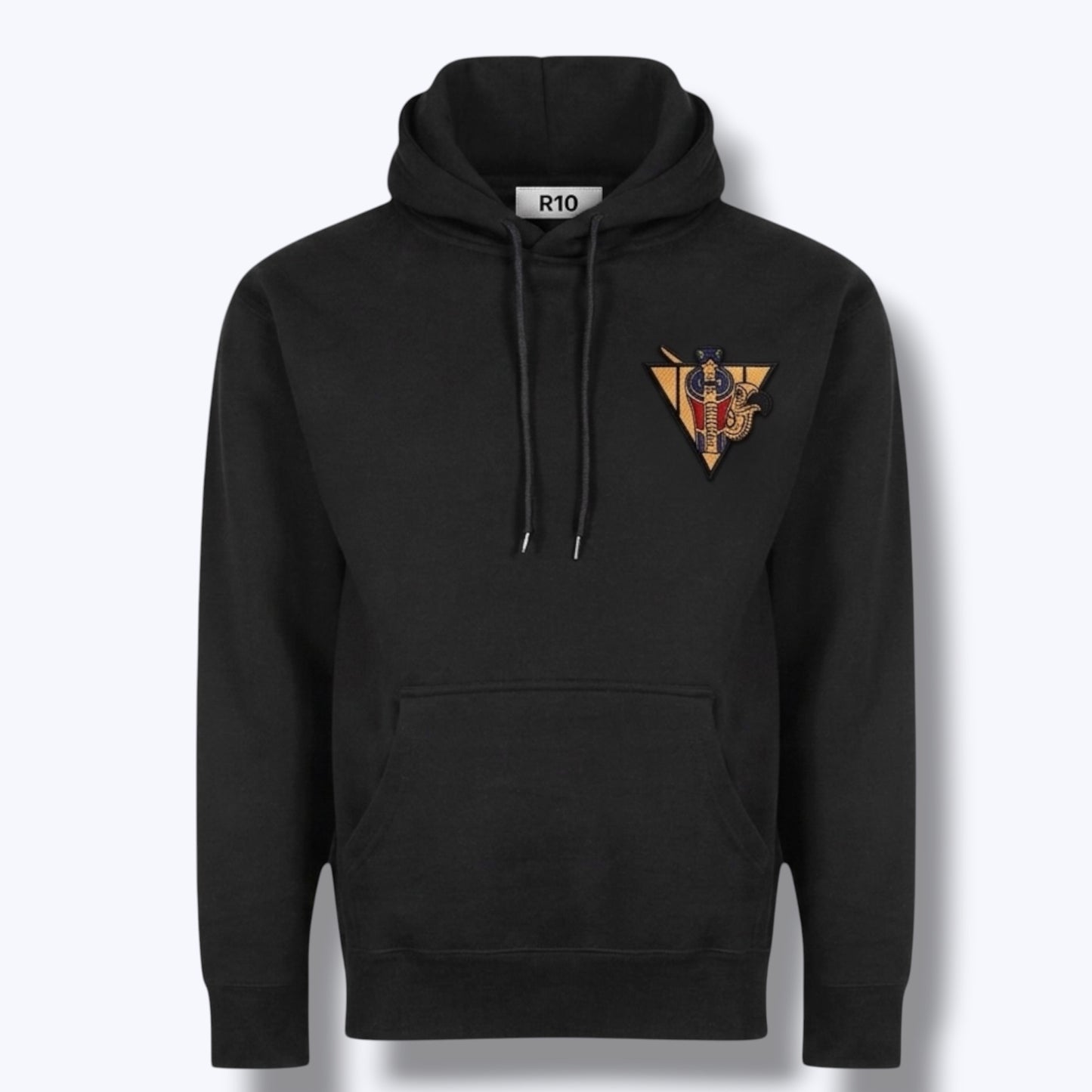 R10 black Uraeus e Abutre hoodie isolated on off white background