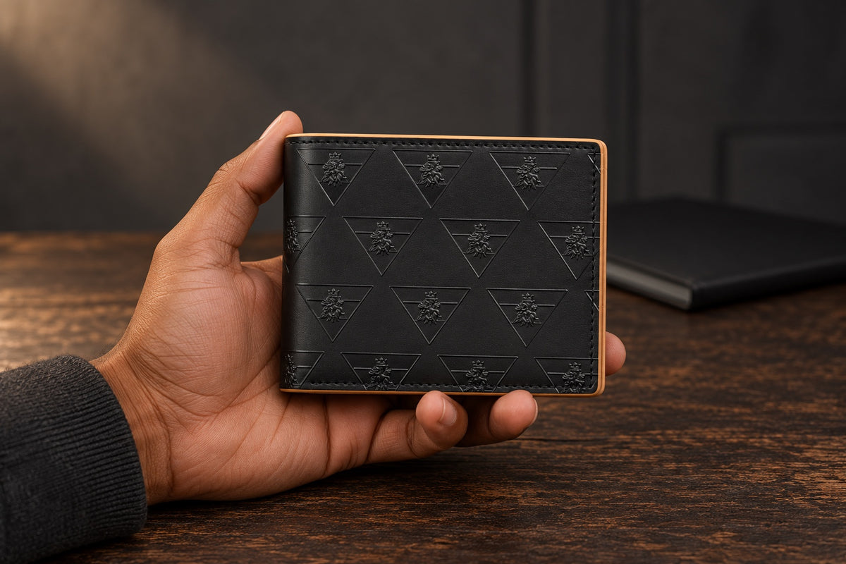 A hand holds the closed black R10 Leão Branco wallet above a wooden table with a notebook behind it.