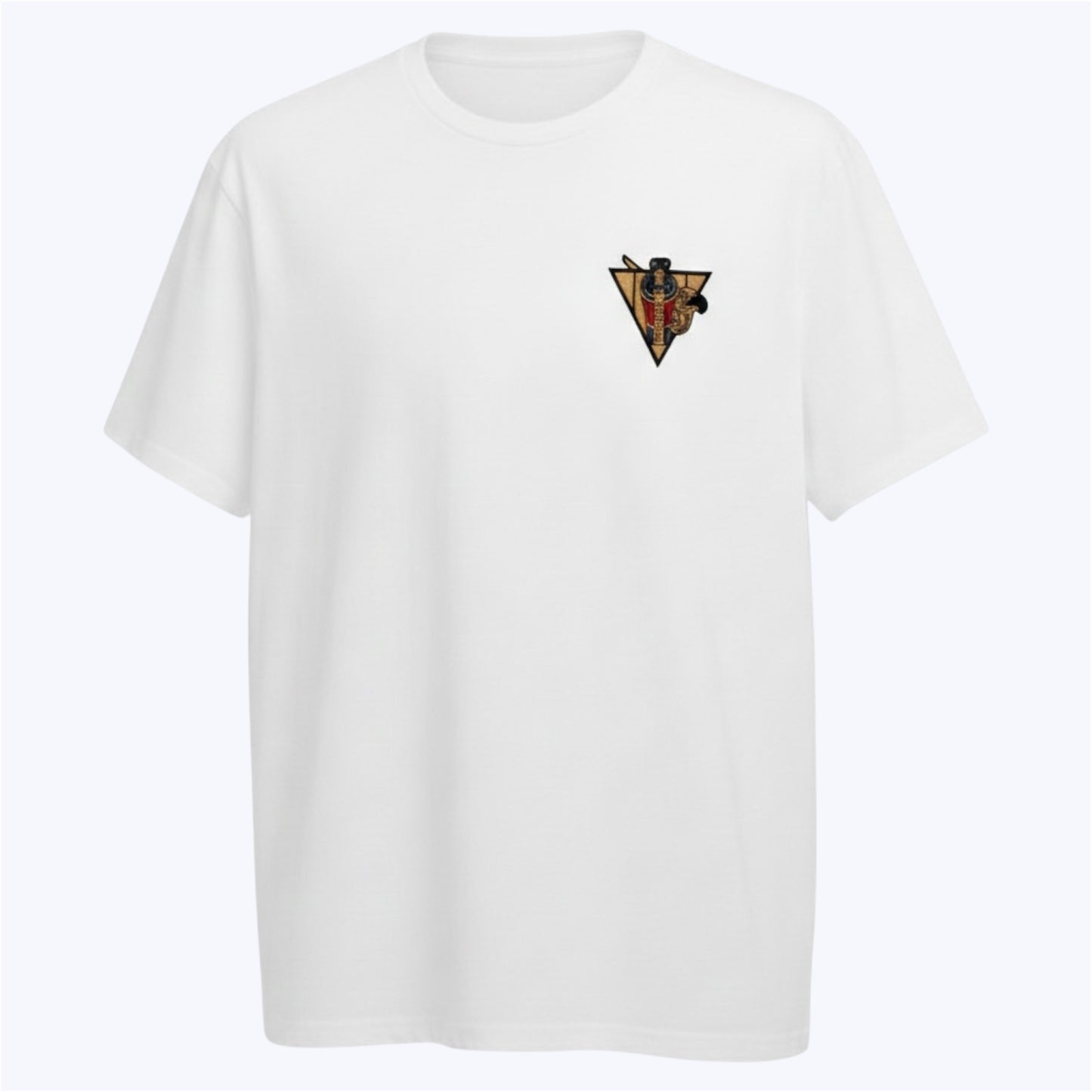 Ancient guardian symbols embroidered on minimalist white cotton tee